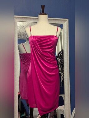 Satin Draped Midi Dress in Fuchsia with Spaghetti Straps